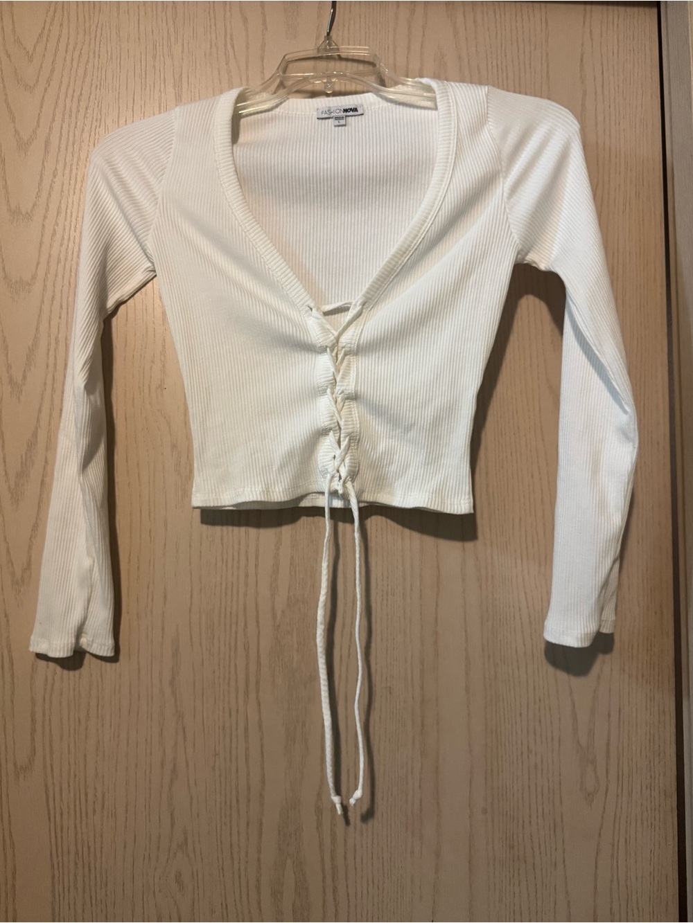 Fashion Nova White Ribbed Lace Up Long Sleeve Crop Top size Large